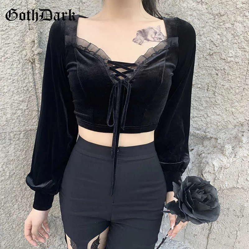 Goth Scuro Romantico Velluto Gotico Donna Crop T-shirt Nera Fasciatura in pizzo Patchwork Top sexy Manica lanterna Retro Abbigliamento donna X0628