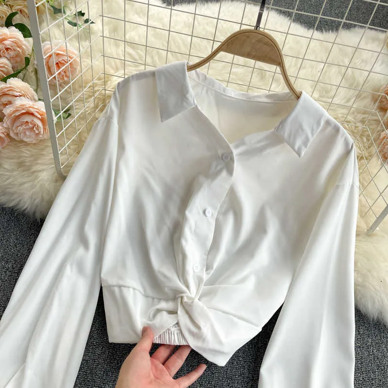 Frauen Mode Weißes Hemd Revers Langarm Knoten Hohe Taille Reine Kurze Tops Weibliche Koreanische Vintage Kleidung Bluse R643 210527