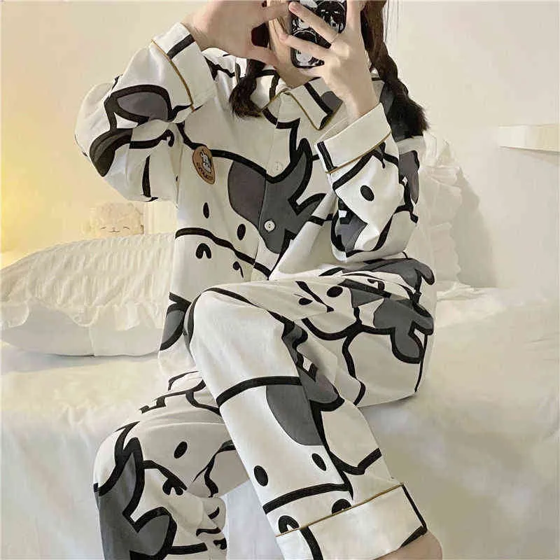 Qweek koe print pyjama twee stuk set herfst pijamas vrouwen katoen schattige huis kleding pyjama's nachtkleding Japanse stijl kawaii 2111112