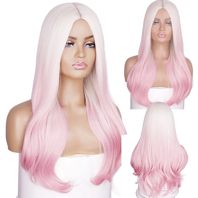 Длинные волнистые синтетические парики омбр золотой розовый парики для женщин косплей натуральный средняя часть волос с высокой температурой волоконно -факторы прямой