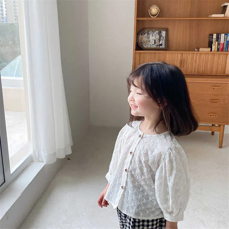 Primavera verão bebê meninas jacquard lace camisetas crianças coreano estilo bordado casual tops roupas 210615