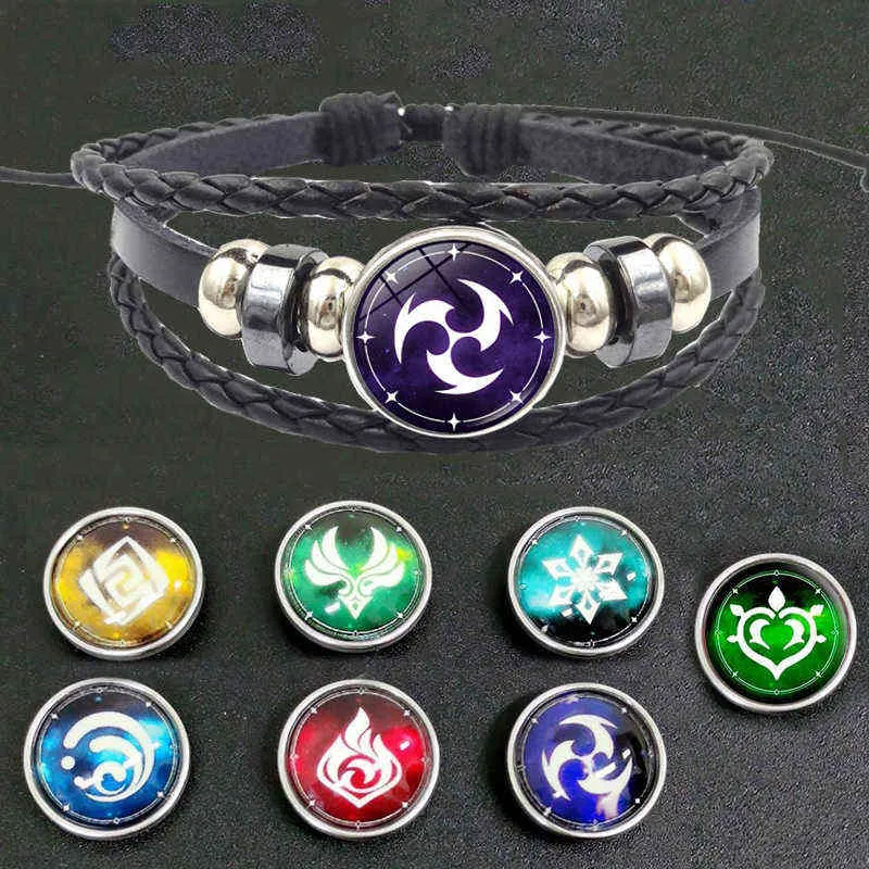 Genshin Impact Snap Button Leather Bracelet Game Eye of God Fire Ice Element Luminous Jewelry Vintage Multilayer Weave Bracelets457722223