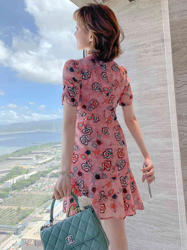 Chinesischen stil kragen schnalle gedruckt taille falten unregelmäßigen kleid weibliche sommer mantel büro dame 210416