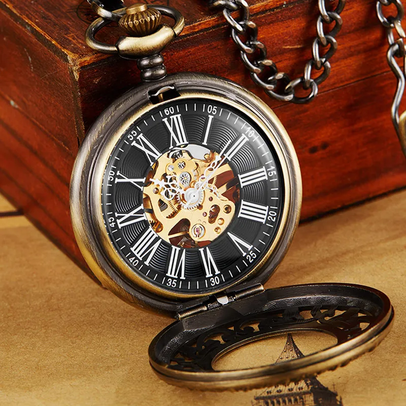 Antike Gold Mechanische Taschenuhr Mit Kette Steampunk Skeleton Hohl Handaufzug Anhänger Uhr Männer Frauen Gold Bronze Gift303Y