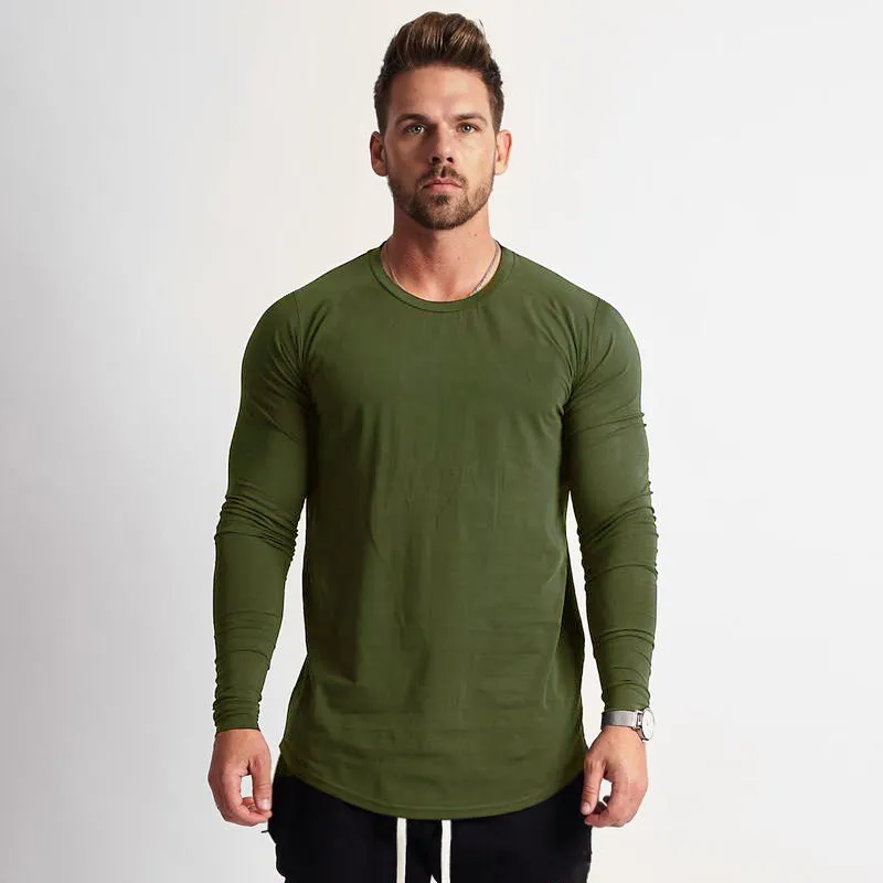 Nieuwe Classic Solid Lange Mouw T-shirt Mannen Merk Kleding Casual Slim Fit Fitness Stretch Katoen O Hals T-shirt Mannelijke 210421