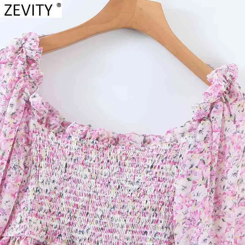 Kvinnor söt rosa blommig print chiffon kort blus kvinnlig chic av axel elastisk pleat ruffles tröja tops ls9179 210420