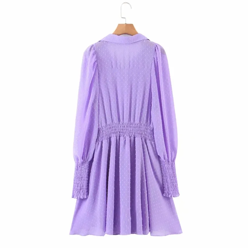 Spring Women Dot Flocking Chiffon Violet Mini Dress Female Lantern Sleeve Clothes Casual Lady Loose Vestido D7285 210430