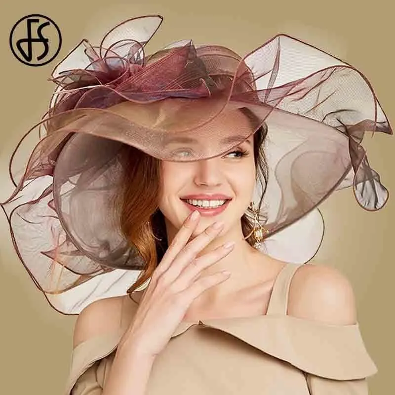 FS Pink Kentucky Derby Hat For Women Organza Sun Hats Flowers Elegant Summer Large Wide Brim Ladies Wedding Church Fedoras T2006022183