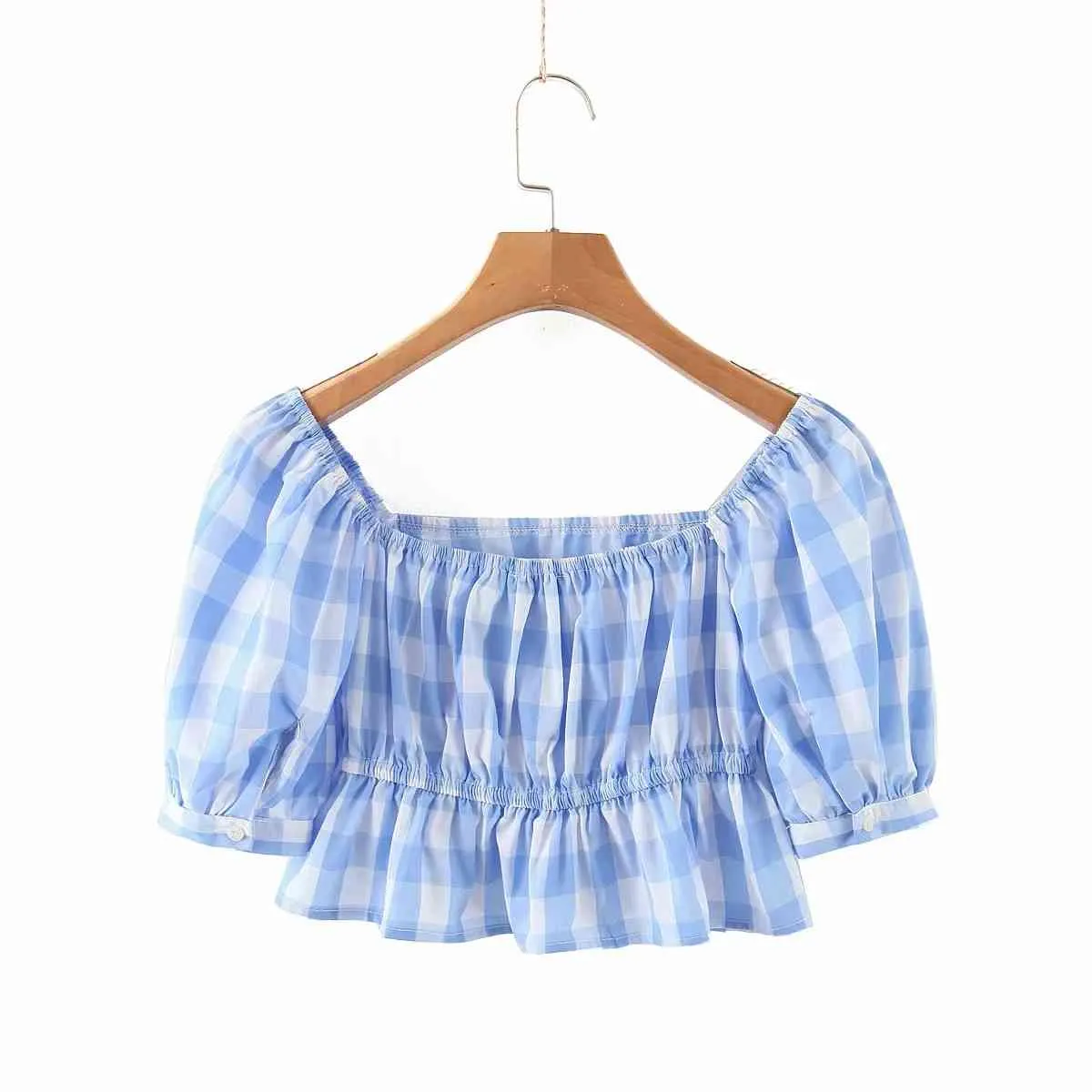Foridol vintage xadrez colheita tops mulheres plissado checkered azul streetwear blusa superior verão blusa de outono camisas 210415