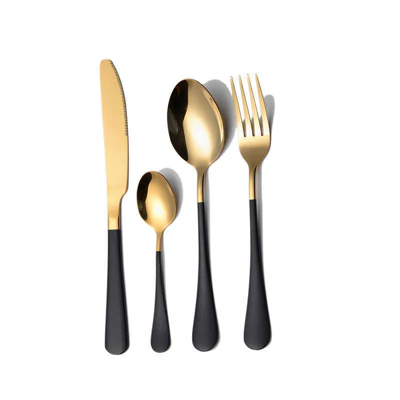 Tablewellware Stainless Steel Cutlery Tableware Gold Spoon Set Forks Knives Spoons Kitchen Dinnerware Drop 210804