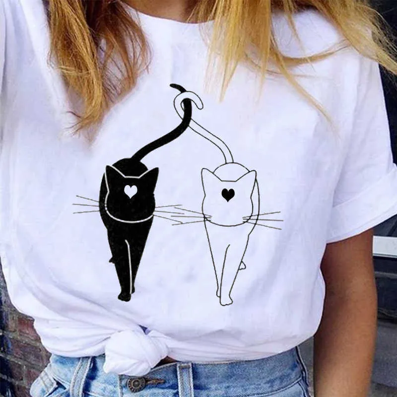 Women Graphic Cartoon Cat Pet Animal Cute 90s Love Short Sleeve Cartoon Lady Clothes Tops Tees Print Female Tshirt T-Shirt X0527