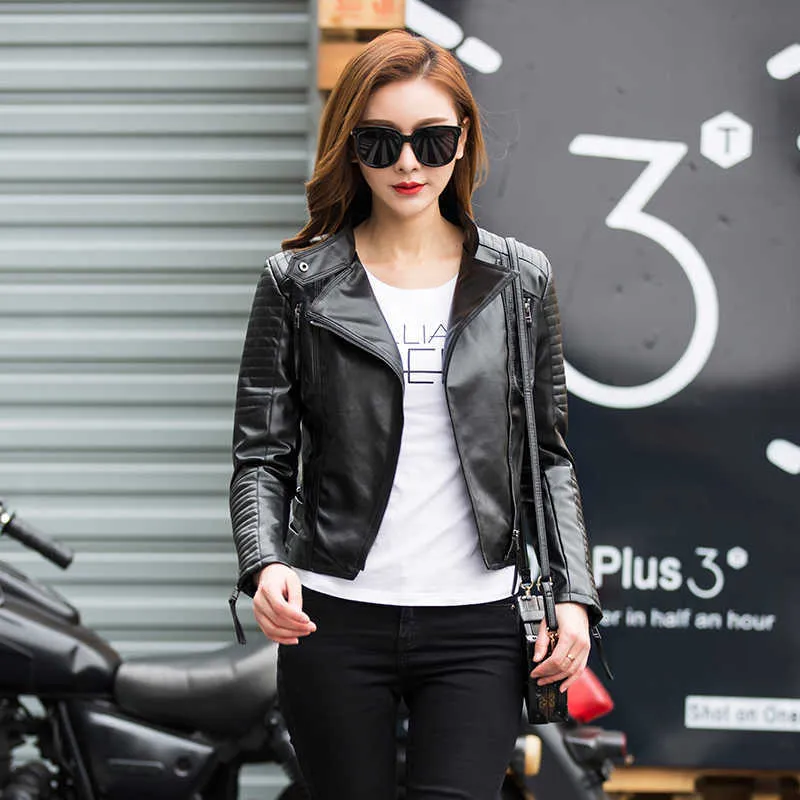 Fitaylor Autumn Women Punk Leather Jacket Soft Pu Faux Leather Female Jackets Basic Bomber Leather Coats 210908