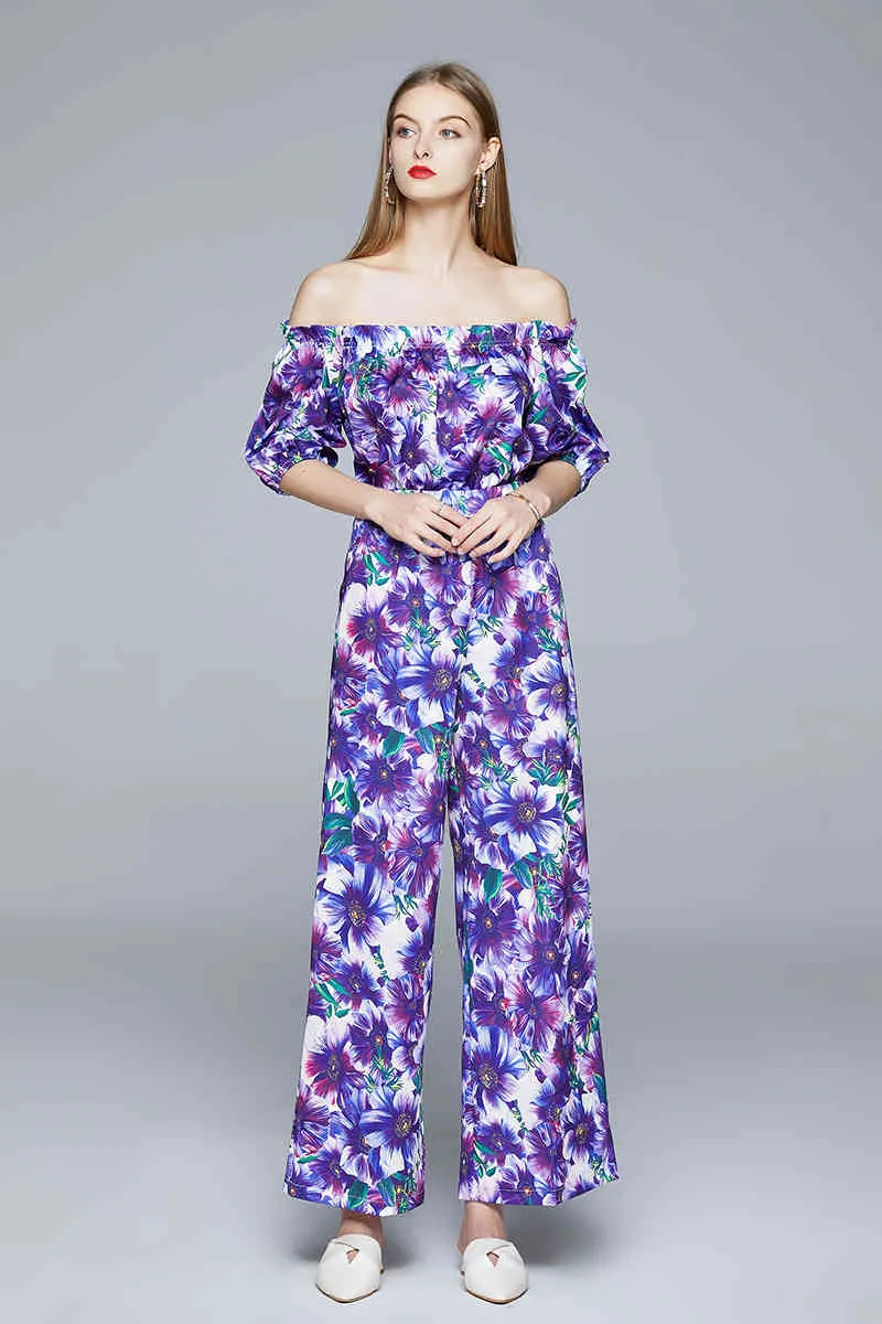 Abito da donna con stampa floreale viola alla moda Camicette in chiffon floreale con spalle scoperte + pantaloni larghi in vita con elastico in vita 210416