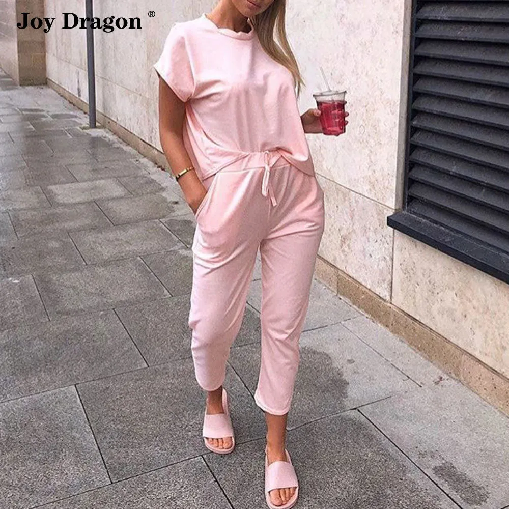 2 pièces tenues pour femmes rose tenue pantalon décontracté costume Ropa De Mujer 2020 Streetwear Conjunto Femenino été Joggers ensemble X0428