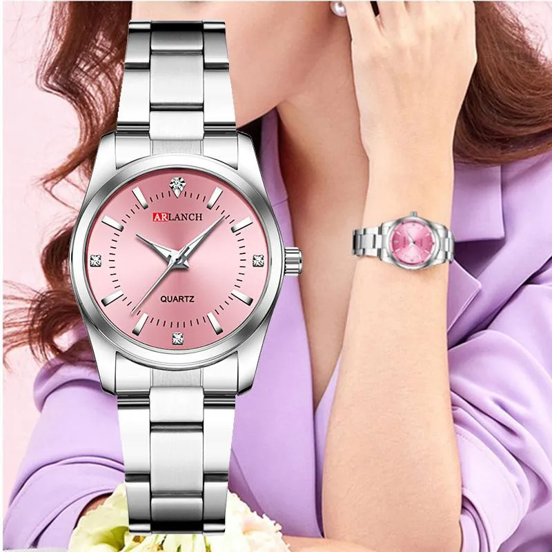 Pulseira rosa Mulheres assistem pequeno mostrador feminino vestido de pulso prateado aço inoxidável relógio à prova d'água Relojes258j