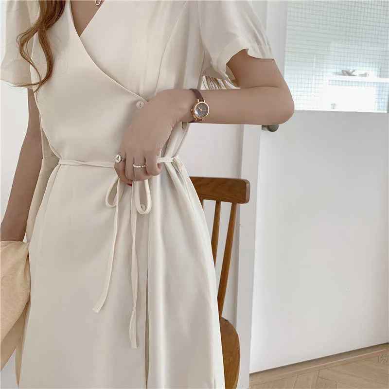 Minimalist Lace Up Elbise Bayanlar Yaz Kısa Kollu Midi Uzunluğu Gömlek Katı Chic Yan Düğmeler Zarif Vestidos 210601