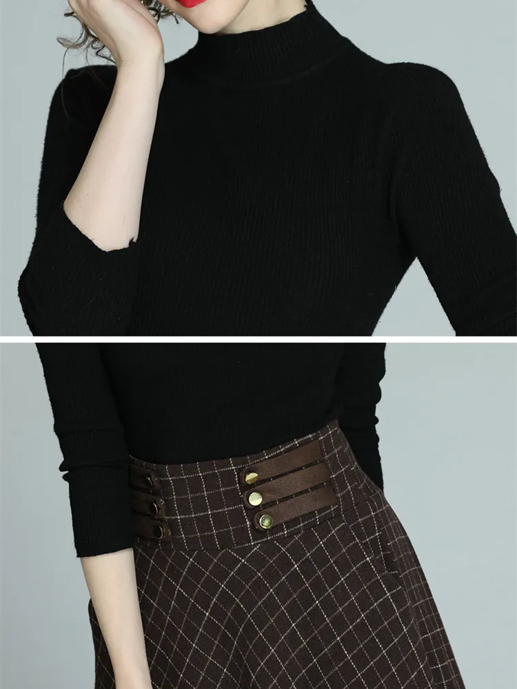 Automne hiver deux pièces femmes col roulé noir pull tricoté pull + Bandage à lacets Plaid laine Maxi jupe ensemble 210416