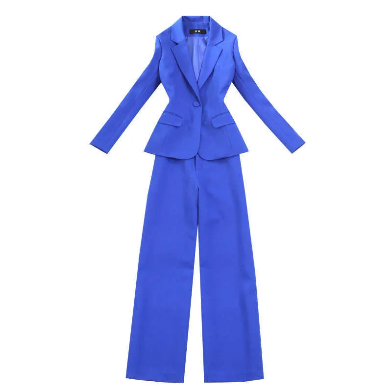 Blazer blu slim Abito e pantaloni casual con un bottone singolo Lavoro d'ufficio da donna Temperamento in due pezzi a gamba larga 210527