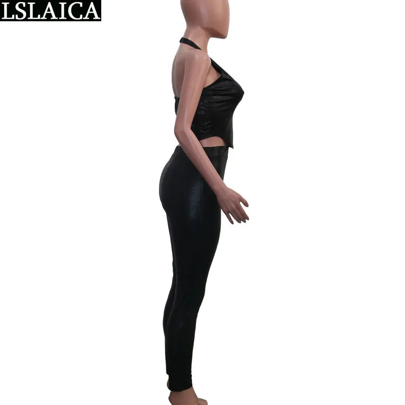Preto dois pedaço conjunto mangas halter topspencil calças longas workout padrão magro mulheres elegantes 2 plus size 210515