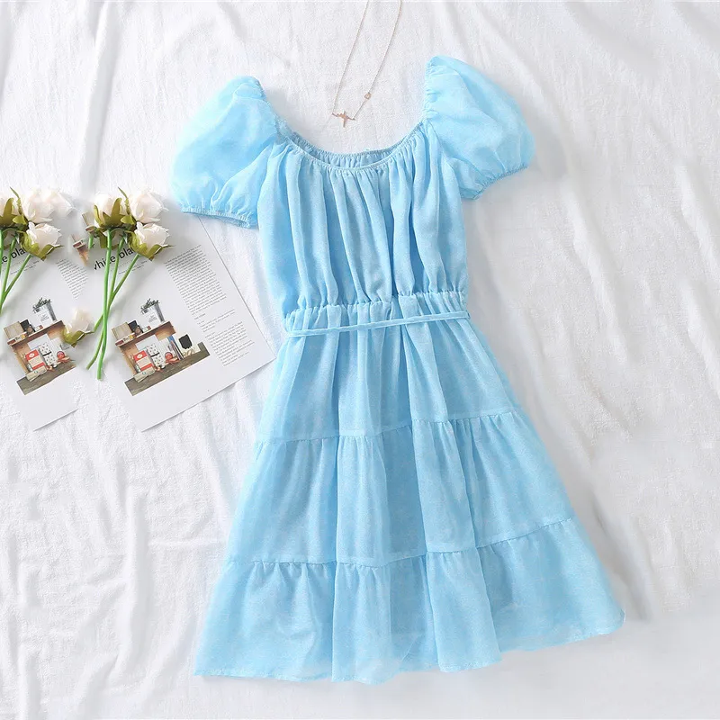 Fashion Blue Draped Mini Dress Women Summer Slash neck Short Sleeve Female Dresses vestido feminino 210430