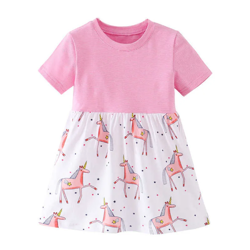 Jumping Meters Princess Arrival Baby Unicorns Dresses Girls Cotton Clothing Stripe Summer Kids Party Dress for Children Wear 210529