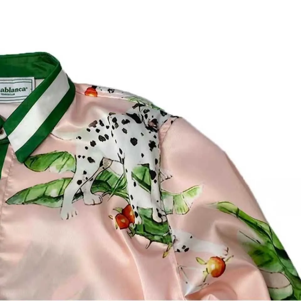 Silk Spotted Dog Print Long Sleeve Shirt Men039s och Women039s samma stil Europeisk och amerikansk stil lös Hanban49728536199650