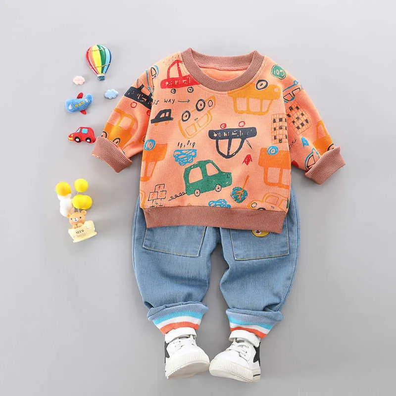 Весна осень детские мальчики девочек костюм мода одежда детский хлопок мультфильм карточка спортивная футболка джинсы брюки 2 шт. / Комплект малышей трексуит x0902