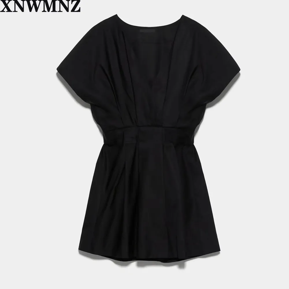 여성 블랙 레트로 높은 허리 솔리드 미니 드레스 A 라인 세련된 Poplin 짧은 V 넥 라인 반팔 210520