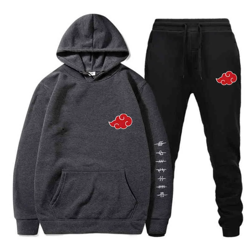 Новые 2 штуки набор Akatsuki Cloud Symbols Print Hoodies + брюки трексуита мужчины женские толстовки уличные пуловер Sudaderas G1217