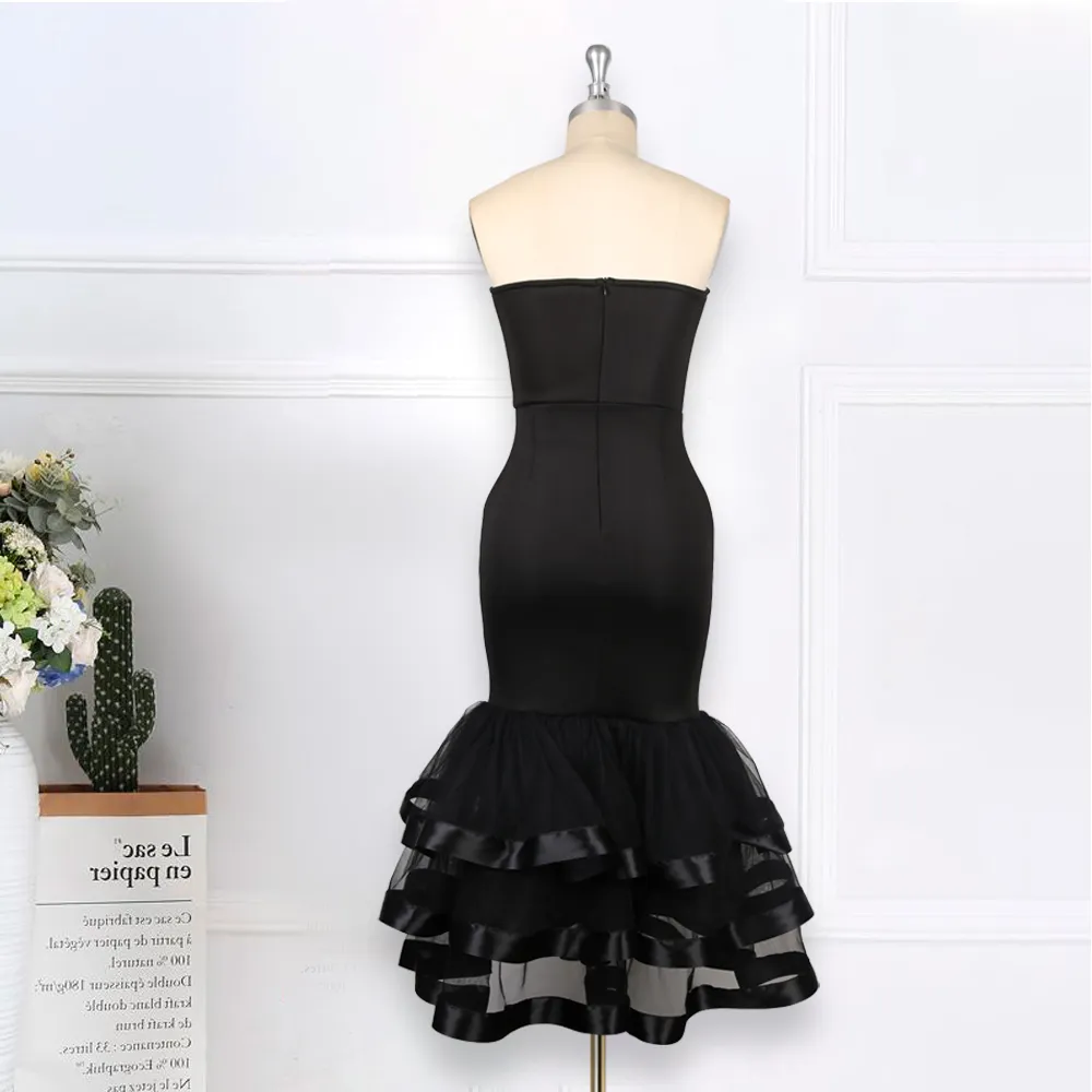 Women Sexy Tube Top Black Dresses Mesh Patchwork Plus Size Off Shoulder Bodycon Evening Party Wedding Celebrate Event Robes Gown 210416