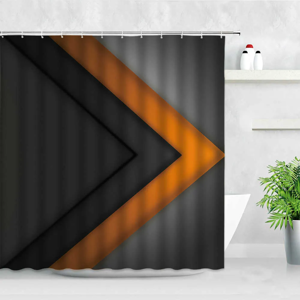 モダンなシンプルな防水シャワーカーテン灰色の黒い縞模様のグラデーションカラー幾何学模様クリエイティブなバスルームの装飾カーテンセット210609