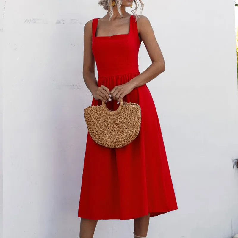 Sommar Elegant Strand Robe Midi Dress Kvinnor U-Neck Sexig Rem Sexig Backless Party Red Dresses Women Vestidos de Fiesta 210514