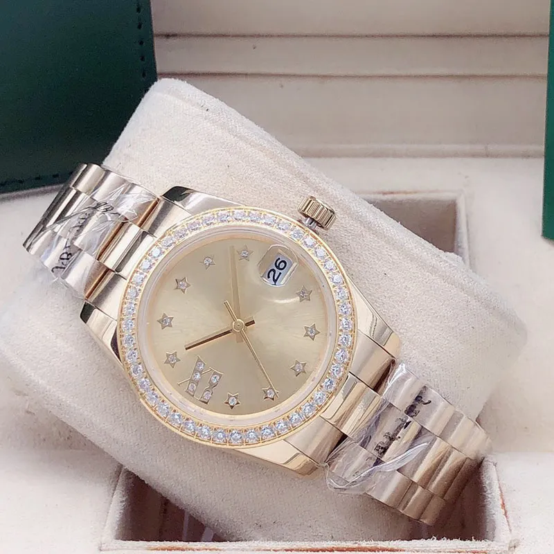 Moda feminina 31mm relógio de diamante sete cores senhoras aço inoxidável fivela dobrável movimento mecânico automático relógios331l