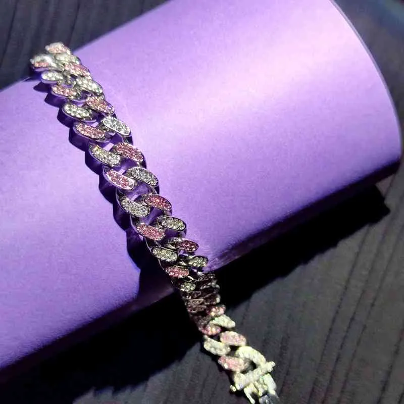 12/15mm Micro Pave Colorful Pink White Crystal Cuban Link Chain Anklet Bracelets For Kids Men 25cm Hip Hop Jewlry Drop