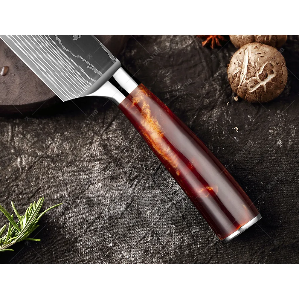 XITUO ensemble de couteaux de cuisine 6-8 pièces, manche en résine rouge Laser motif EAMASCUS Chef LNIFE couperet à pain couteaux à trancher Gift275P