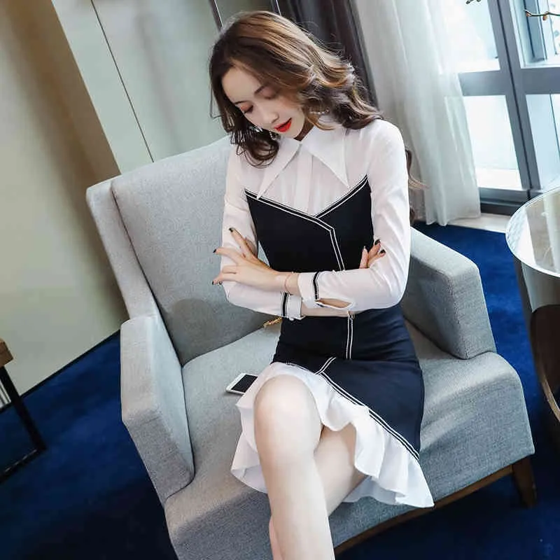Spring Autumn Women's Dress Korean Style Sexy Stitching Long-sleeved Retro Slim Waist Short Female es LL708 210506