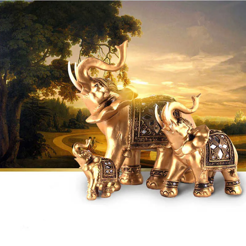 Golden Resin Elephant Statue Feng Shui Elegant Trunk Sculpture Lucky Wealth Figurine Crafts Ornaments For Home Decor 2108271434966