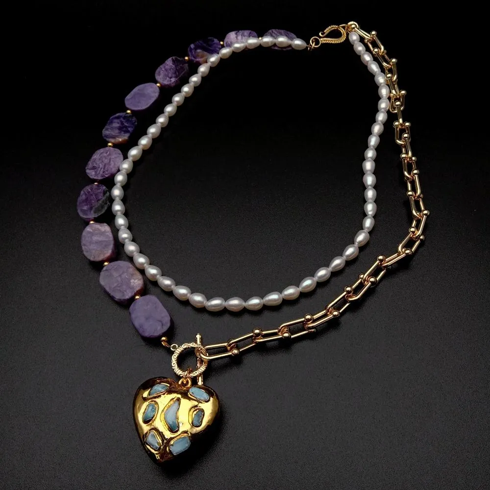 YYGEM Collana di perle di riso bianco coltivate d'acqua dolce viola naturale Collana con pendente a forma di cuore di Larimar blu 18