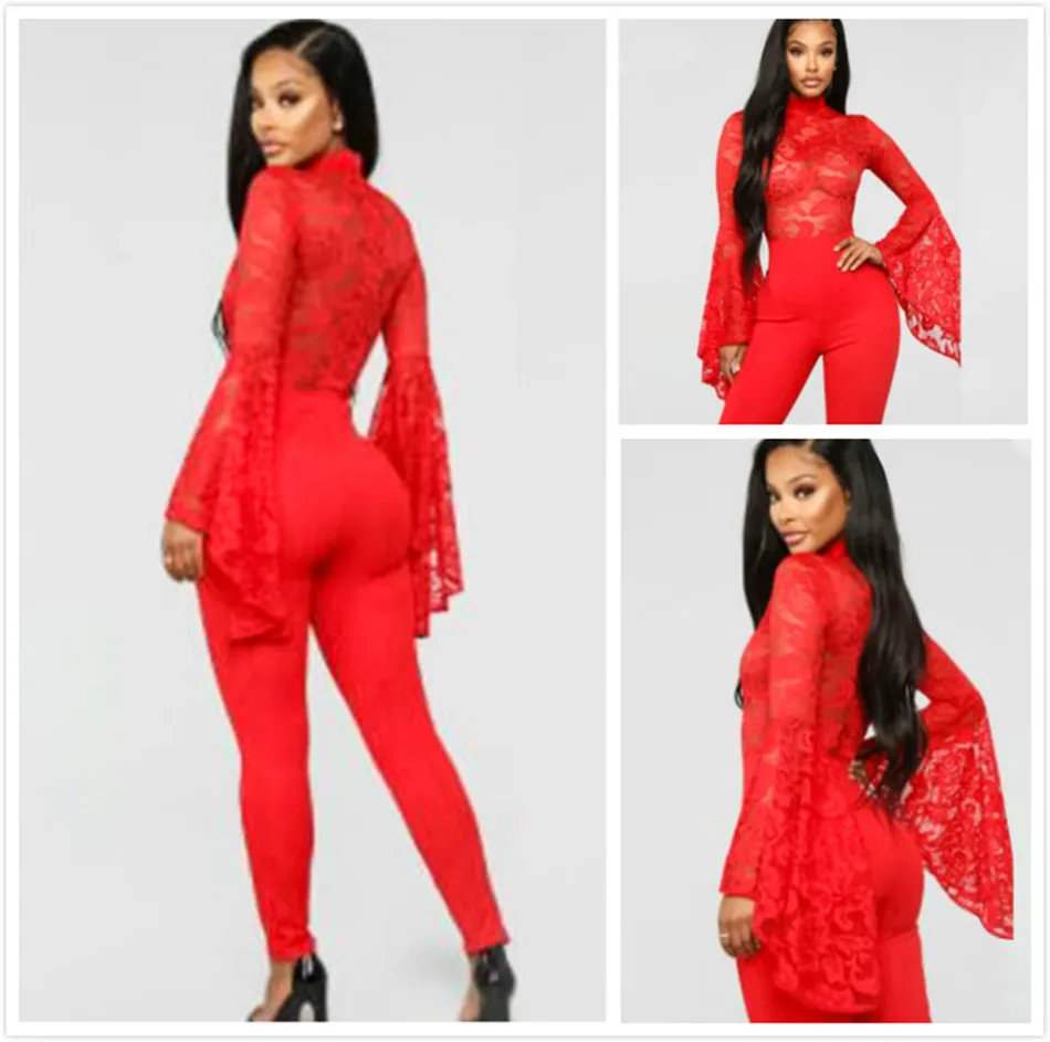 Gratis Sexig Hollow Lace Bandage Jumpsuit Runway Kvinnors O-Neck Red Black Bodycon Flared Sleeve 210524