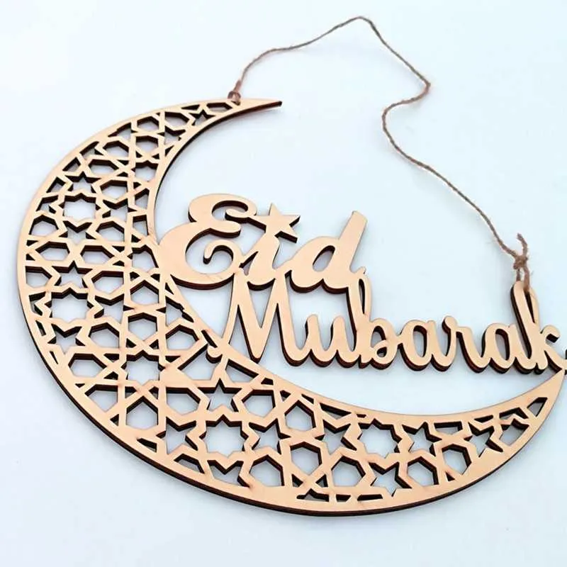 1 pièces décoration du Ramadan pour la maison en bois Eid Mubarak Plaque lune Islam musulman pendentif suspendu fournitures en bois creux Y0730