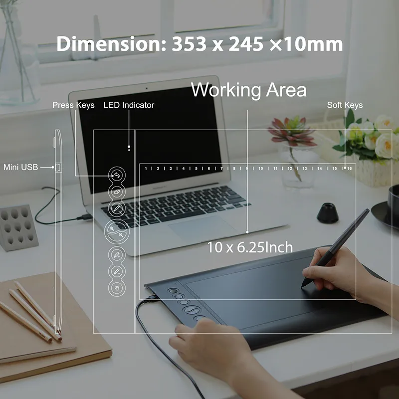 HUION H610 PRO V2 Nieuwste grafische professionele digitale tekeningtablet met batterijvrije pen tilt-functie 8192 niveaus