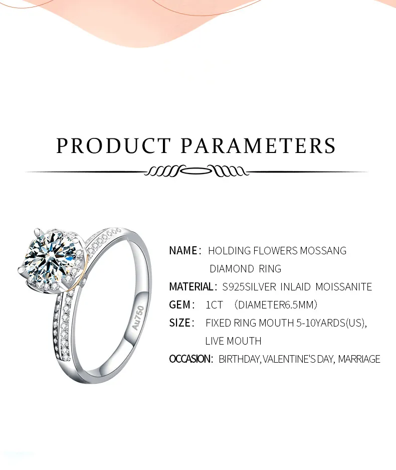 Кольцо с цветами в руках из стерлингового серебра 925 пробы с муассанитом для свадебной вечеринки и годовщины для женщинPass Diamond Test Round9963992