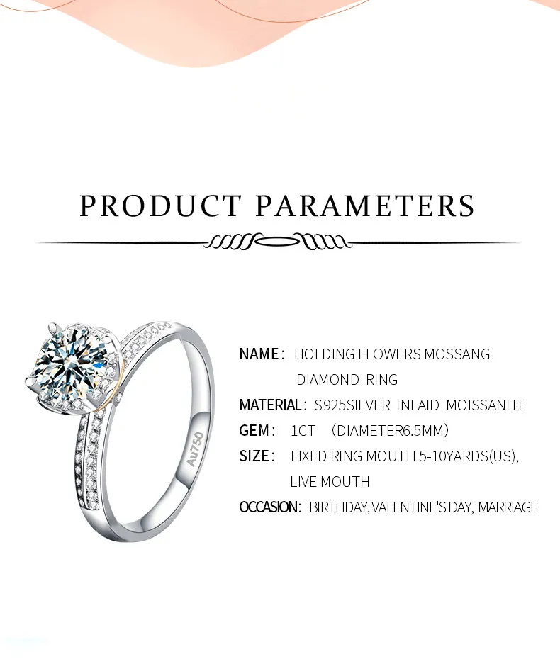 Tenant des fleurs Style 925 en argent Sterling Moissanite bague d'anniversaire de fête de mariage pour les femmes passer le Test de diamant rond 9963992