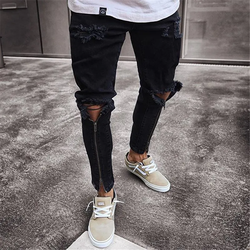 Mode mannen ripped biker jeans streetwear slanke denim broek elastische skinny vernietigde hiphop rits zwart jeans casual broek