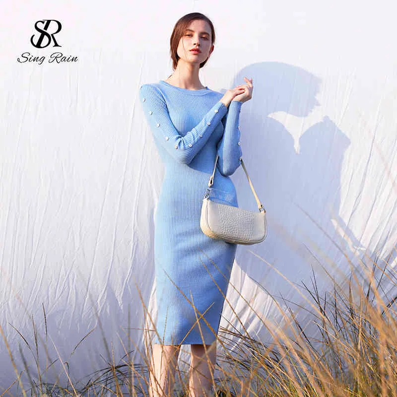 Winter Knitted Dress Women Shell Button Long Sleeves Split Sexy Vestidos Korean Elastic Warm Sweater Midi Dresses 210419