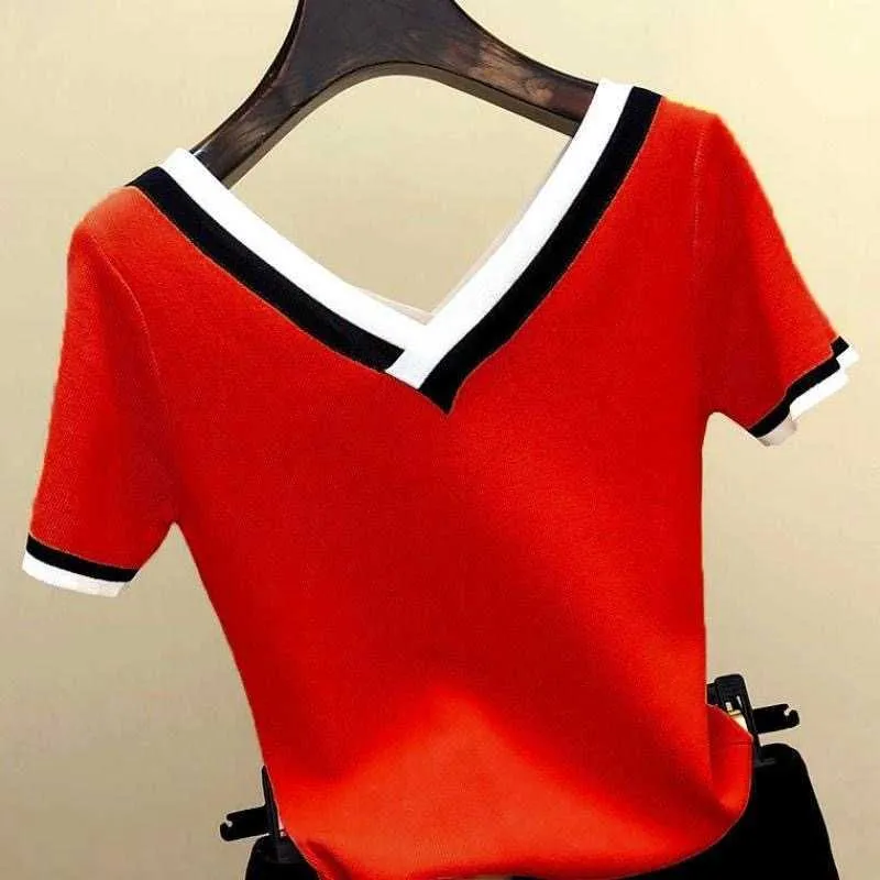 V Yaka Kısa Kollu Gömlek Kadın Kontrast Renk Çizgili Örme Yaz Üstleri Gömlek Kore Giysileri Femme Camisetas Mujer 13362 210527