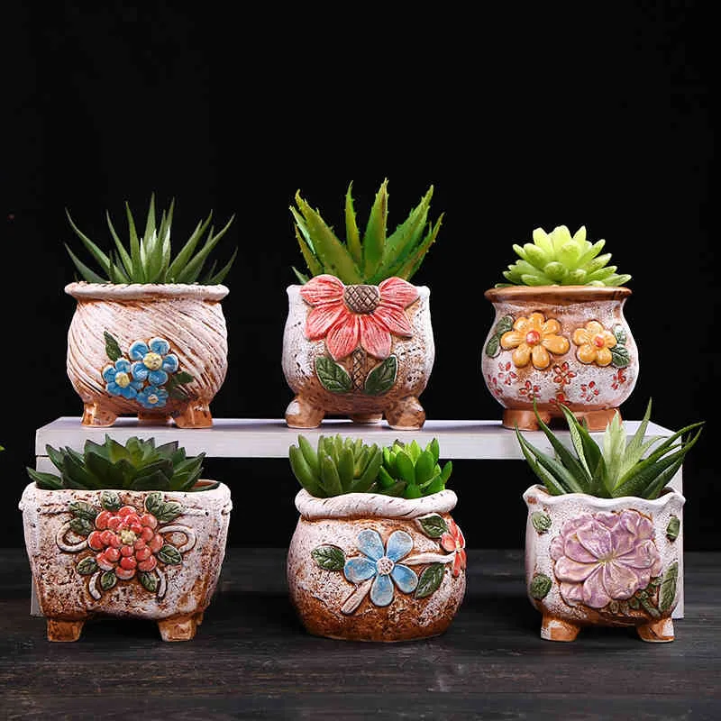 Kaba çömlek retro retro renkli boyalı saksı ayak standı etli bitki flowerpot bonsai ekici vazo masaüstü süsler 22529935