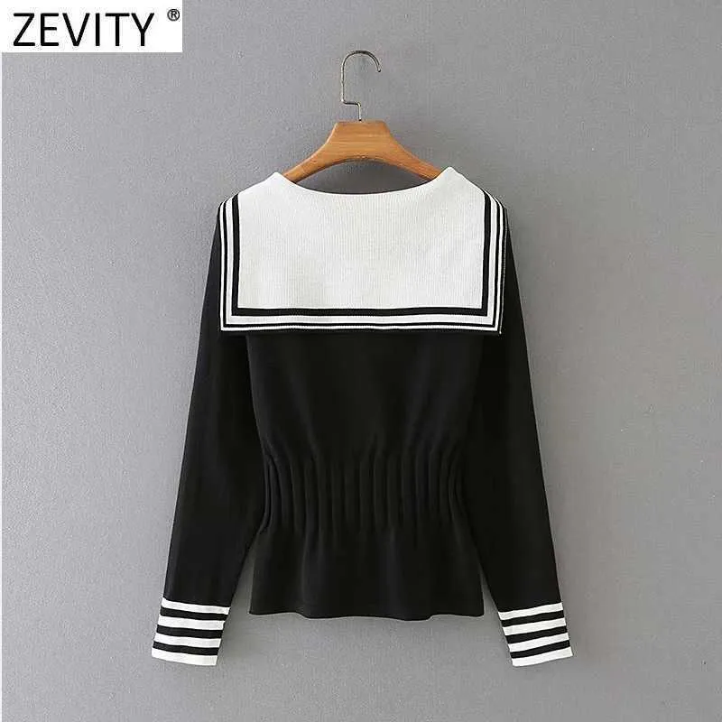 ZEVITY Kadın Tiki Tarzı Renk Eşleştirme Papyon Örgü Kazak Kadın Chic Elastik Bel Ruffles Kazaklar Tops S637 210603