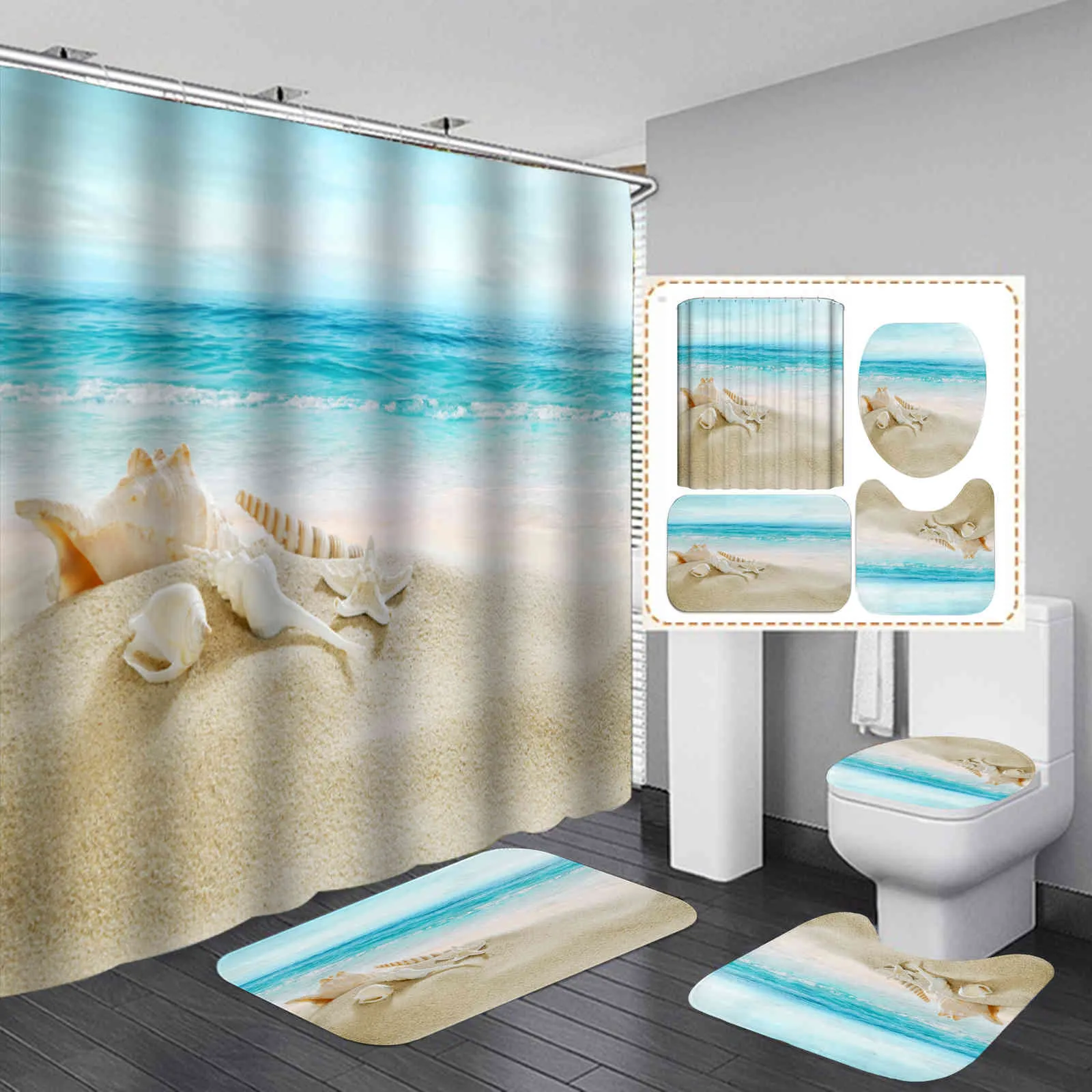 Okyanus Plaj Kabuğu Deniz Kaplumbağası Fil Duş Perdesi 3D Su Geçirmez Perdeler Banyo Kaide Kilim Kapak Tuvalet Kapağı Banyo Mat Seti 210402