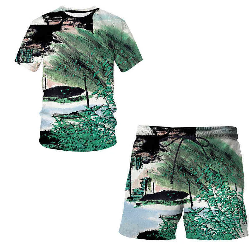 Verão 2021 Novo 3D Impresso Chinês Brush Pintura Homens Terno Padrão T Shirt Manga Curta + Casual Shorts Streetwear Homens Roupas G1217